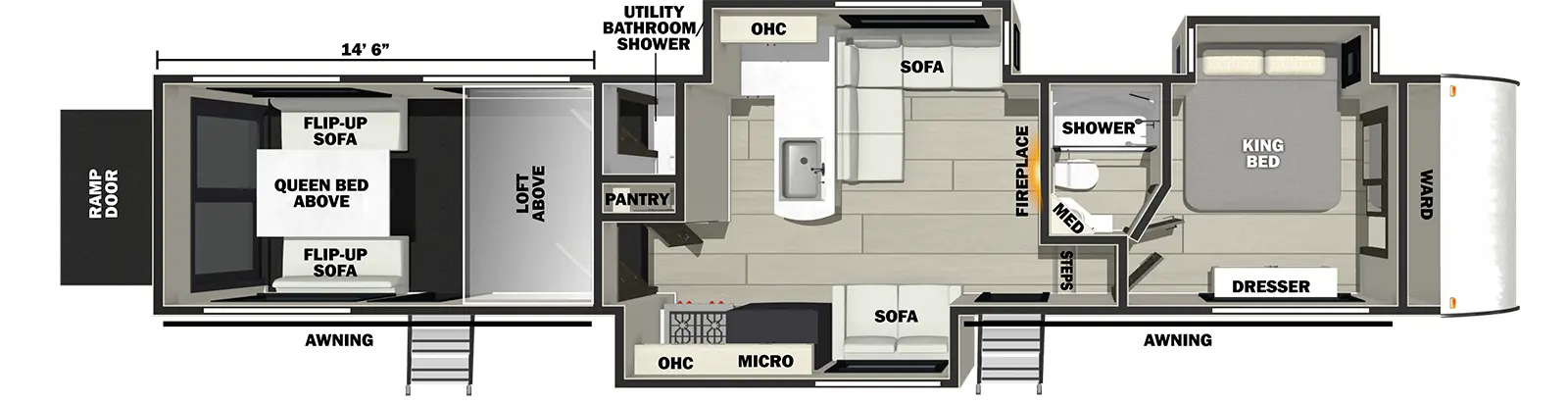 The 391T145 has three slideouts, two entries, and one rear ramp door. Exterior features two 13 foot awnings. Interior layout front to back: front wardrobe, off-door side king bed slideout, door side dresser with TV hookup, and off-door side full bathroom; steps down to main living area and entry; off-door side slideout with l-shape sofa, and kitchen counter with overhead cabinet, and peninsula with sink; door side slideout with sofa, refrigerator, kitchen counter with cooktop, and microwave; pantry along inner wall of half bathroom; rear garage with off-door side half bathroom, loft above, second entry, and rear opposing flip-up sofas with free-standing table and raised queen bed above. Garage dimensions: 14 foot 6 inches from rear to main living area wall.